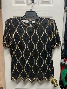 Vintage- Laurence Kazar Black Top with Gold Sequin Wave Embellishment